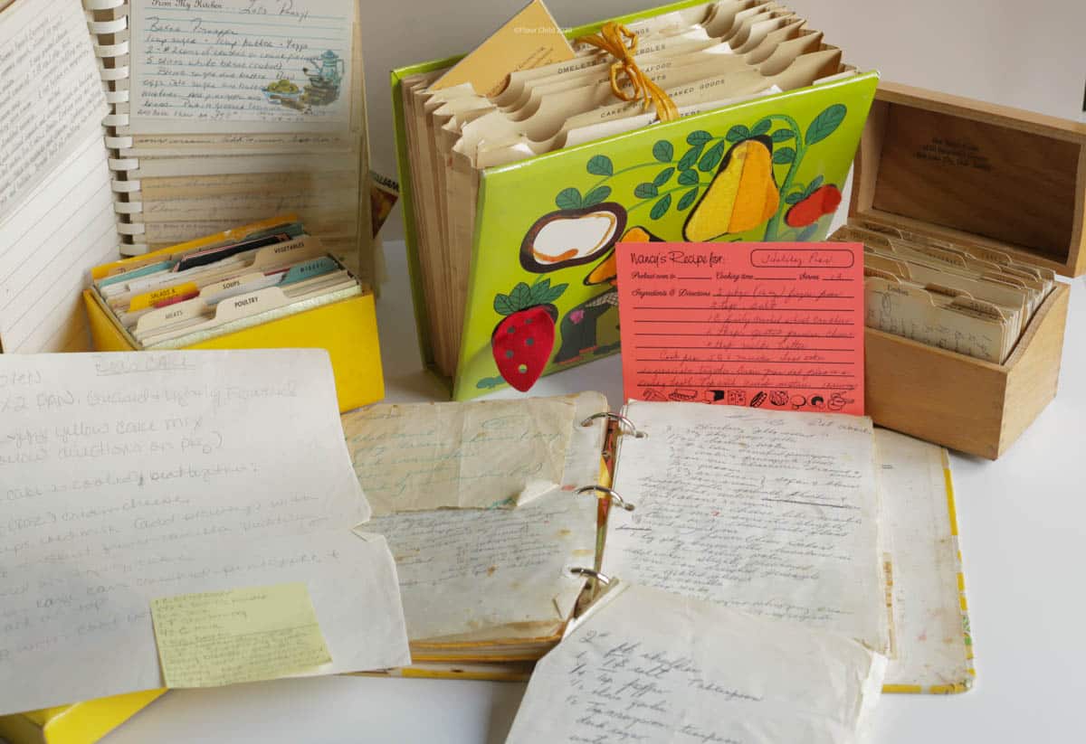 Collection of books and recipe boxes of mid-century handwritten recipes