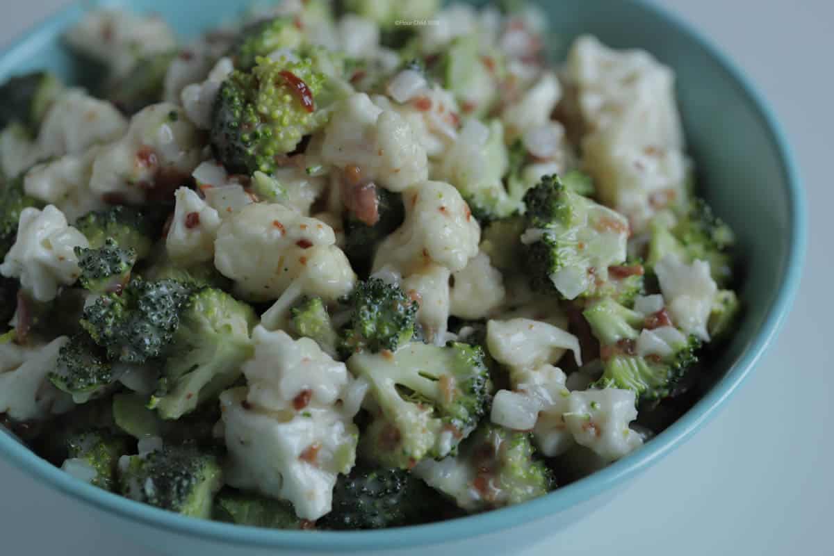 Broccoli, cauliflower and bacon come together in a sweet sauce to make this flavorful dish