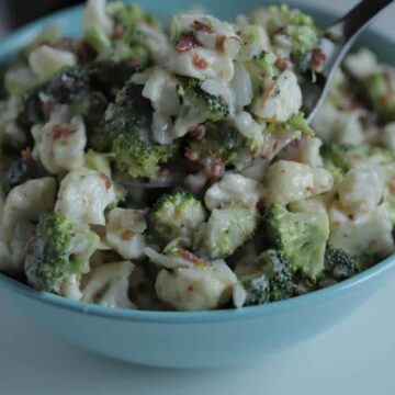 Fresh Broccoli and Cauliflower salad with bacon in a tangy sweet sauce