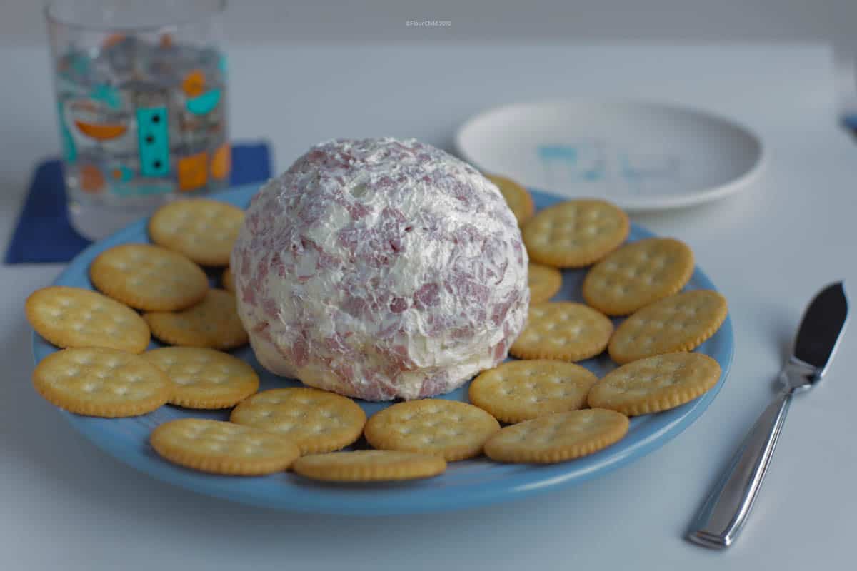 Chipped Beef and Cream Cheese ball on a party platter with crackers