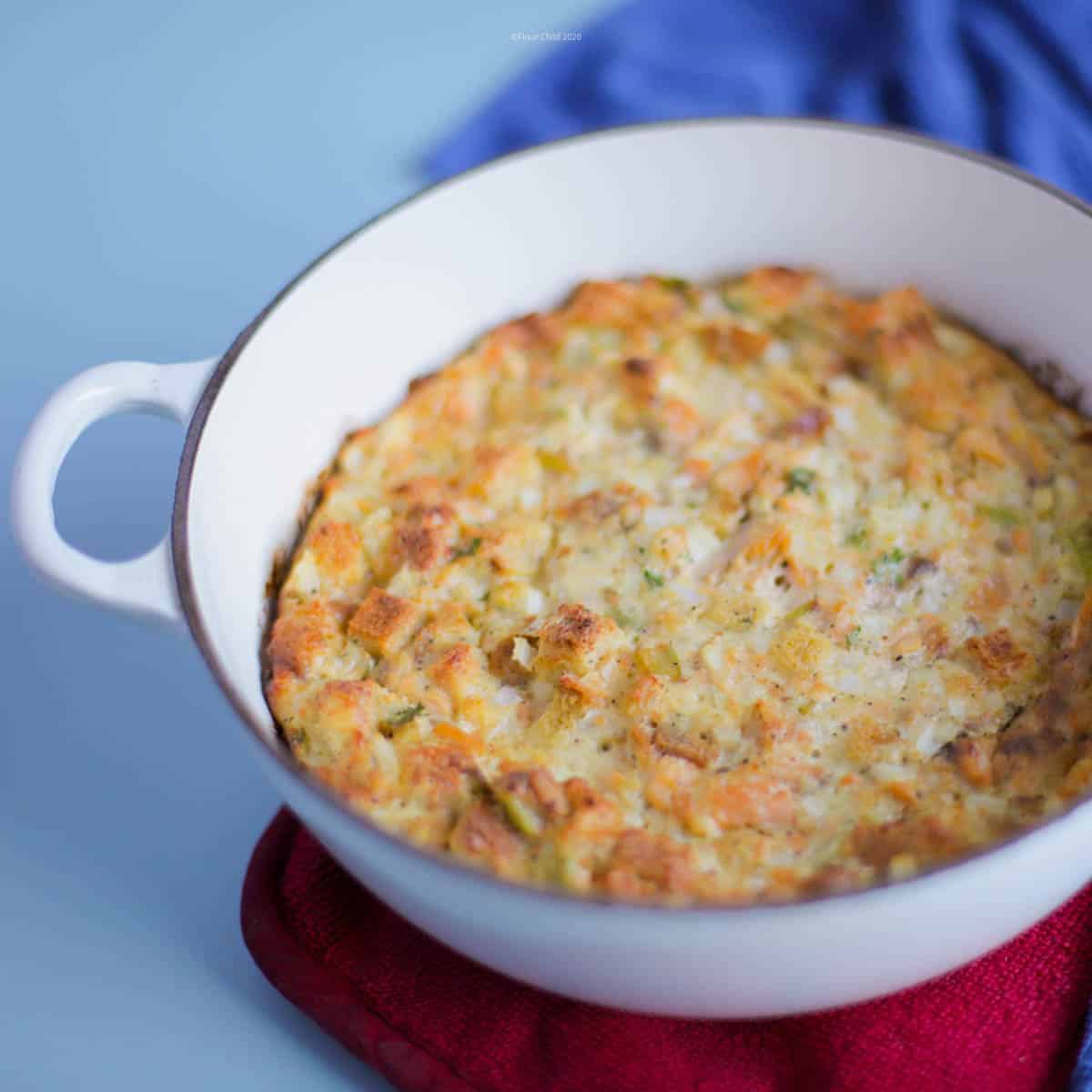 Salmon casserole made with croutons and a celery cream sauce