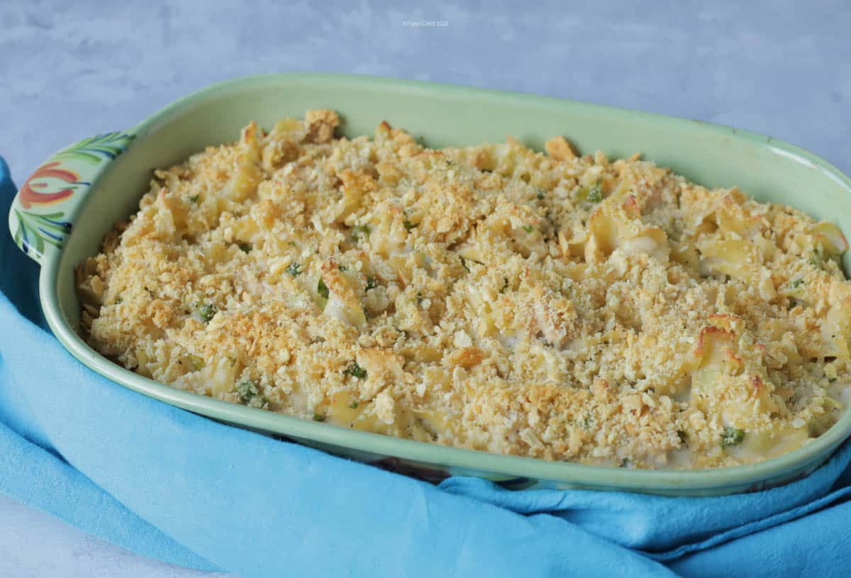 Large casserole dish with tuna noodle casserole