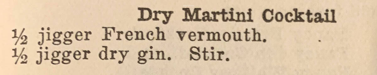 This is a snippet from the 1914 Drinks book for making a dry martini.