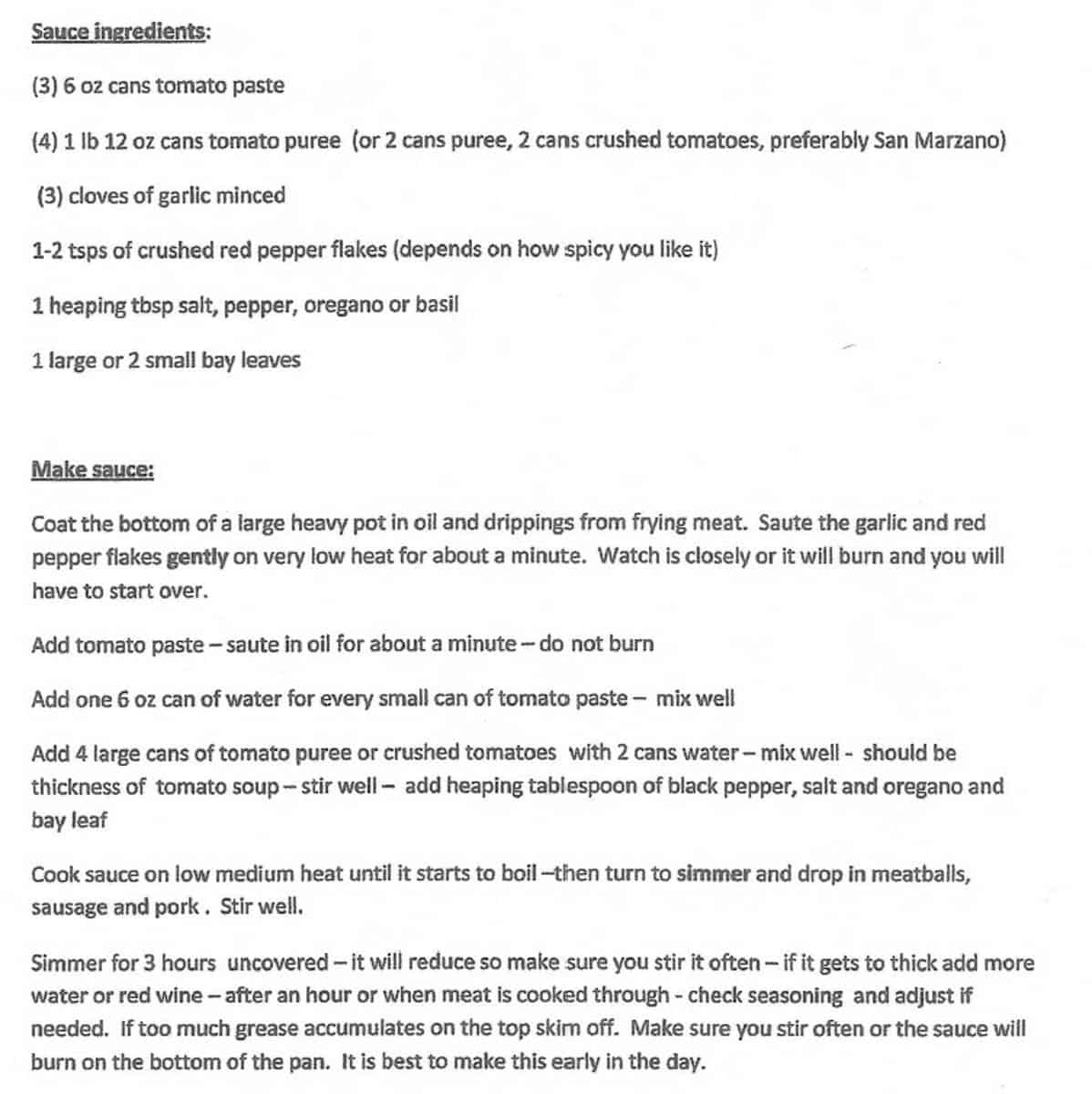 Hand typed recipe for Authentic Italian Sunday Sauce