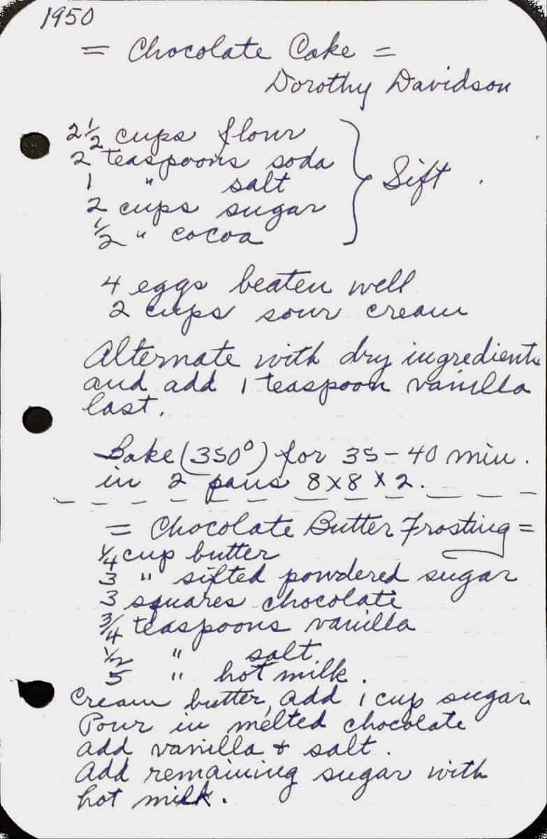 Handwritten chocolate cake recipe dated 1950