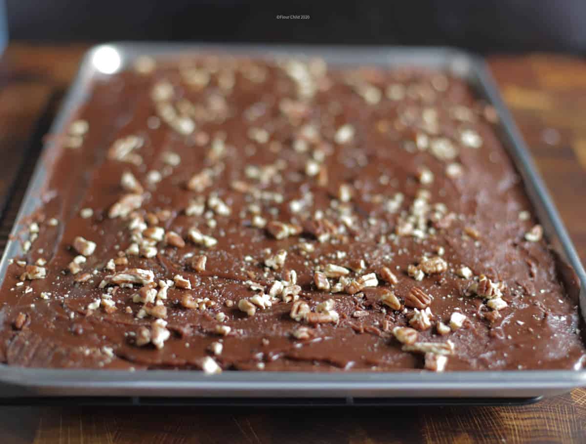 20 Minute sheet cake brownies with nutty fudge frosting in a jelly roll pan