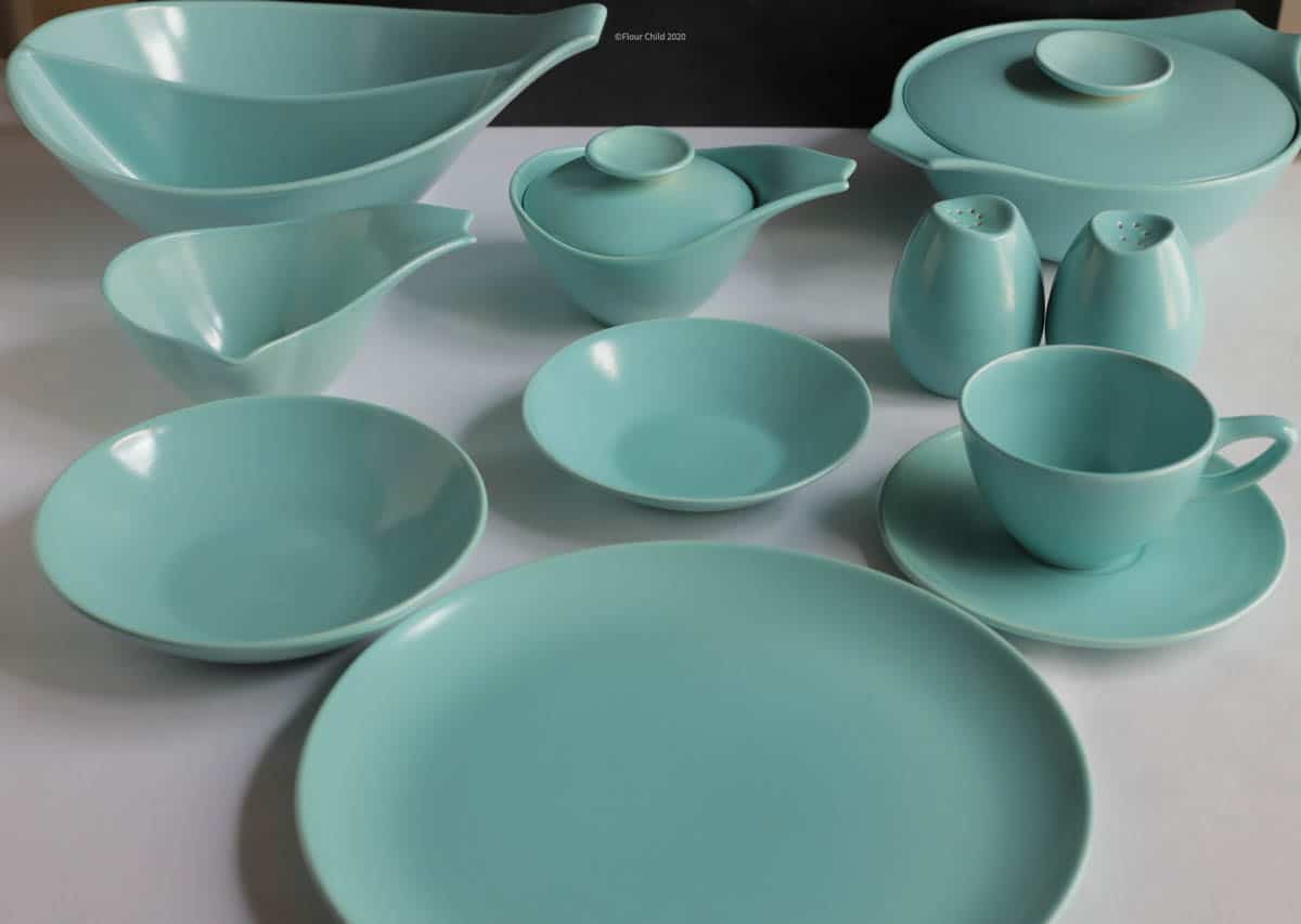 The blue setting of Monterey dishware add a touch of flair to mid century place settings.
