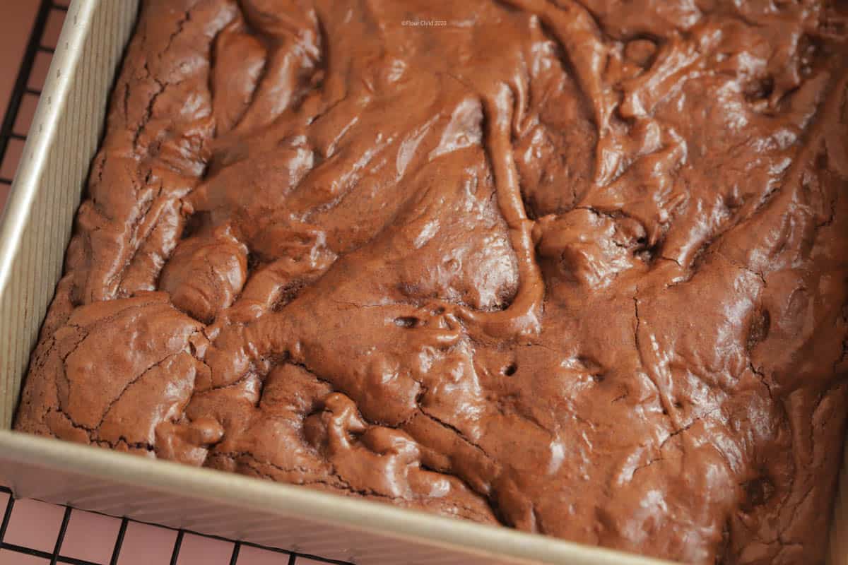 A close up image of 30 minute fast and easy brownies in a baking pan