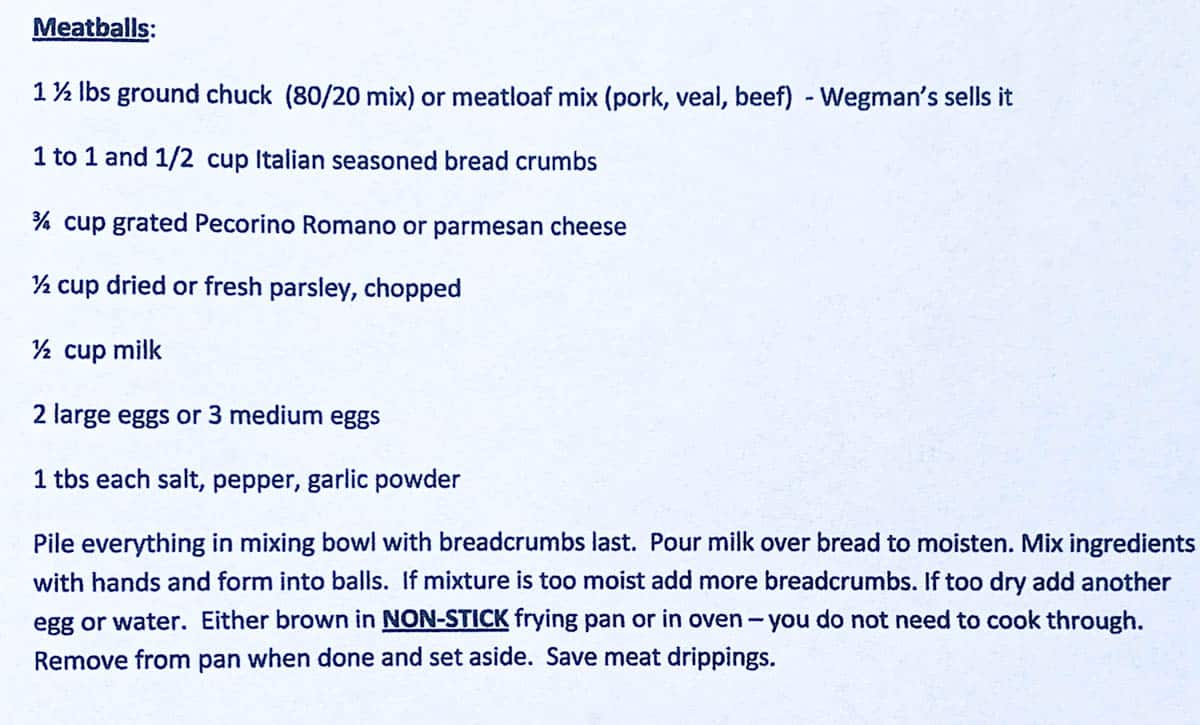 Typed Recipe Card with Italian Meatballs Recipe