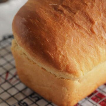 Single loaf of white bread cooling on a rack.