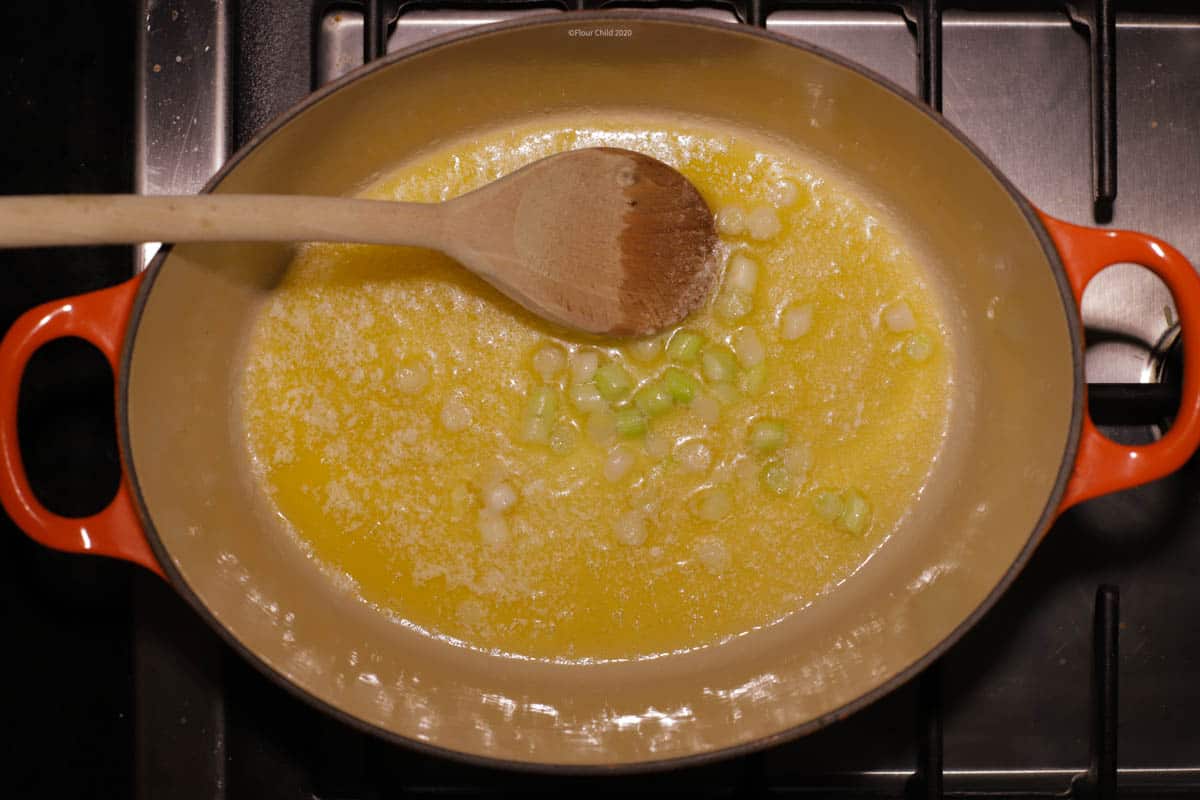 Green onions sautéing in butter