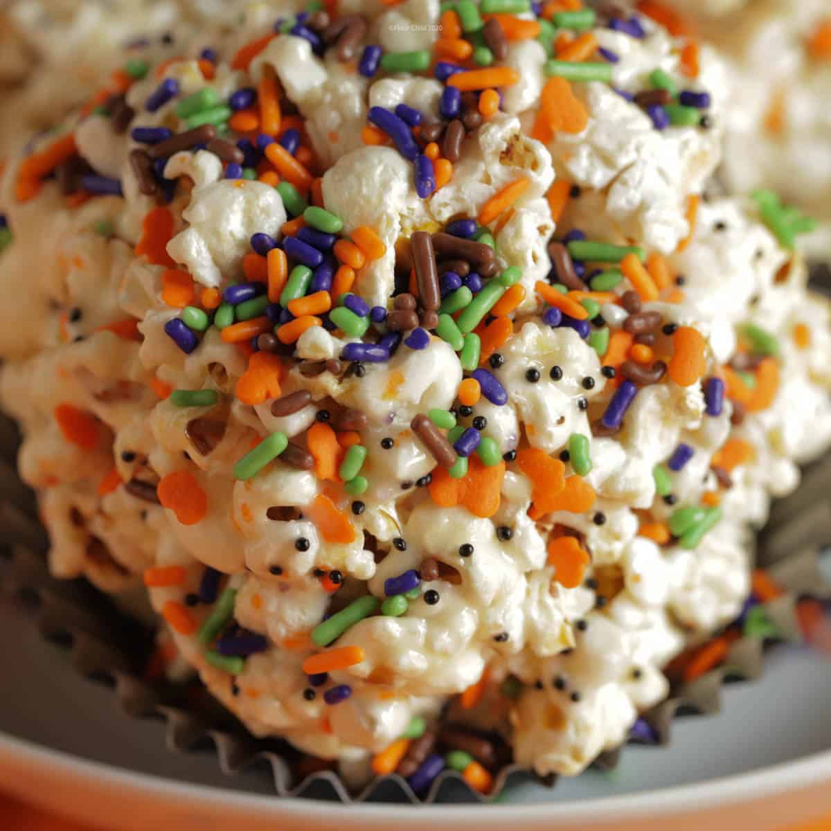 A close up image of a popcorn ball with Halloween colored sprinkles on it in black, orange, green and purple