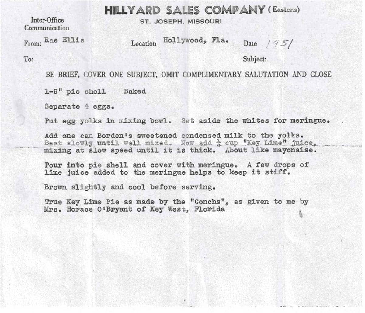 Vintage hand typed recipe for key lime pie