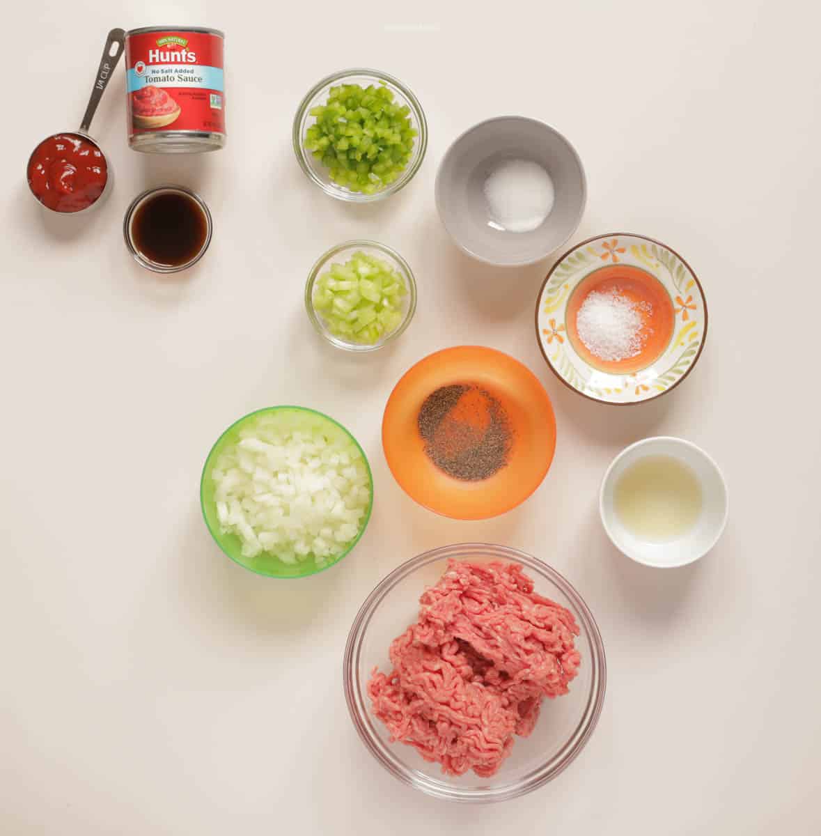Sloppy Joe Ingredients laid out in individual bowls
