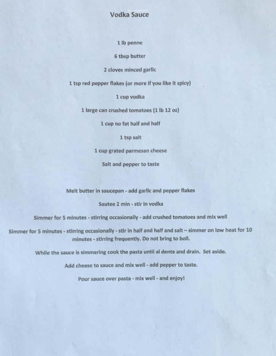 Mary Ann's hand typed recipe for penne in vodka sauce