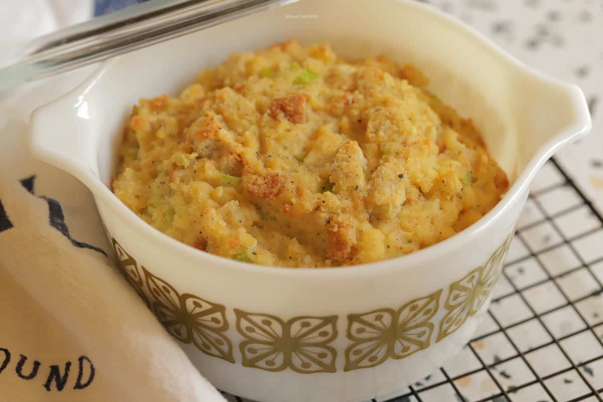 Kentucky cornbread stuffing in a casserole dish 