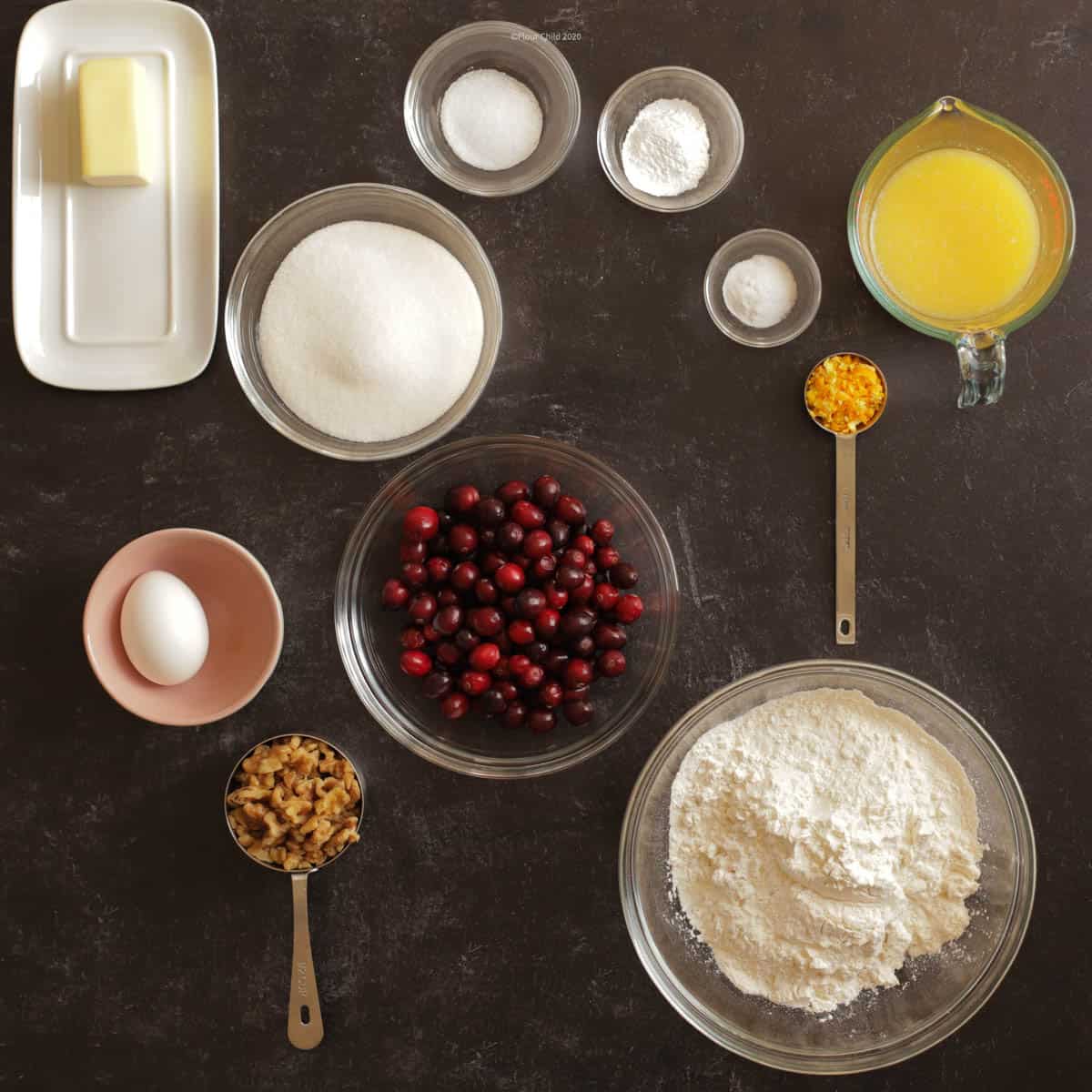 Cranberry Orange Bread ingredients in prep bowls