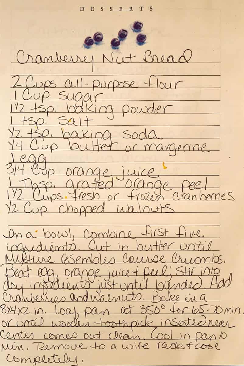 photo of handwritten recipe for cranberry orange quick bread