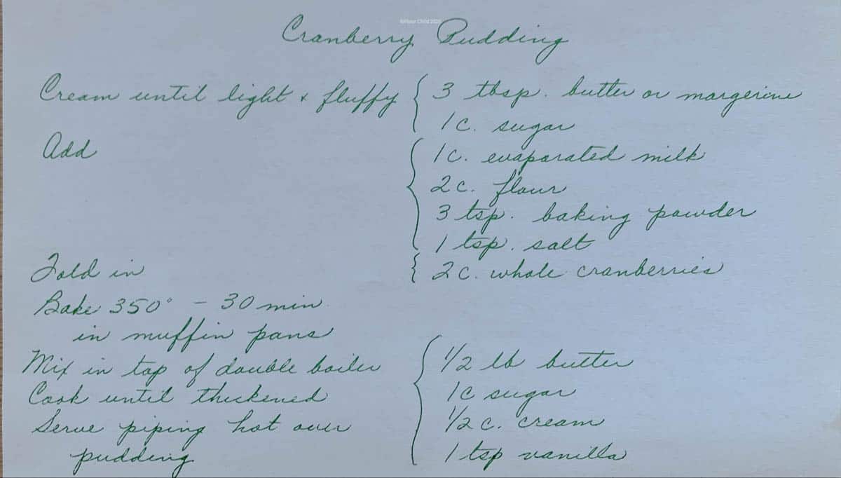 Original handwritten recipe card for cranberry pudding with butter sauce.