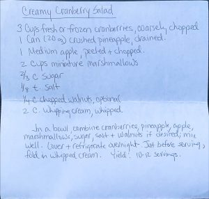 Handwritten Recipe for Cranberry Whipped Cream Salad