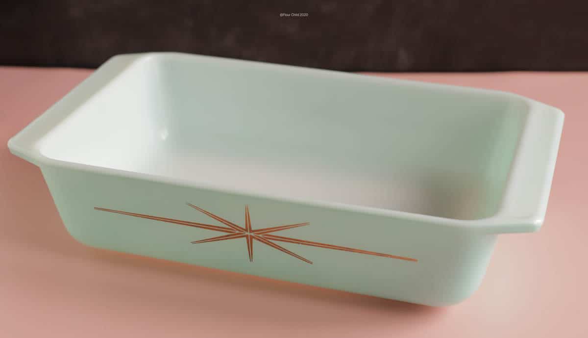 Pyrex Cinderella Starburst Casserole Dish on a table