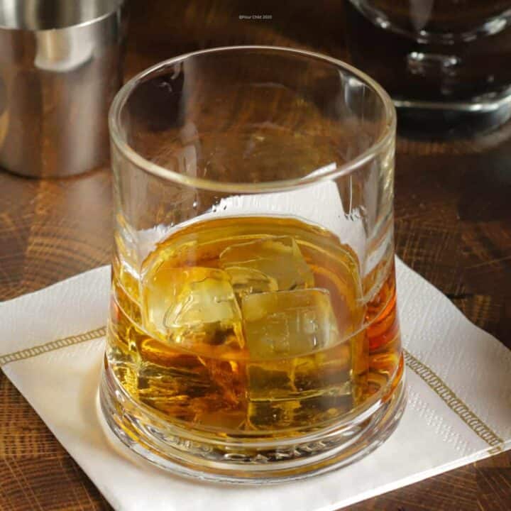 A closeup of a whiskey in a rocks glass