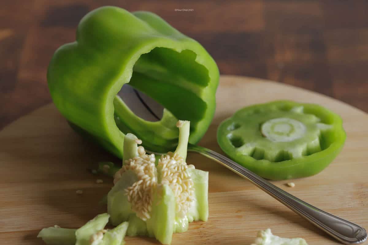 A pepper cut open with insides removed