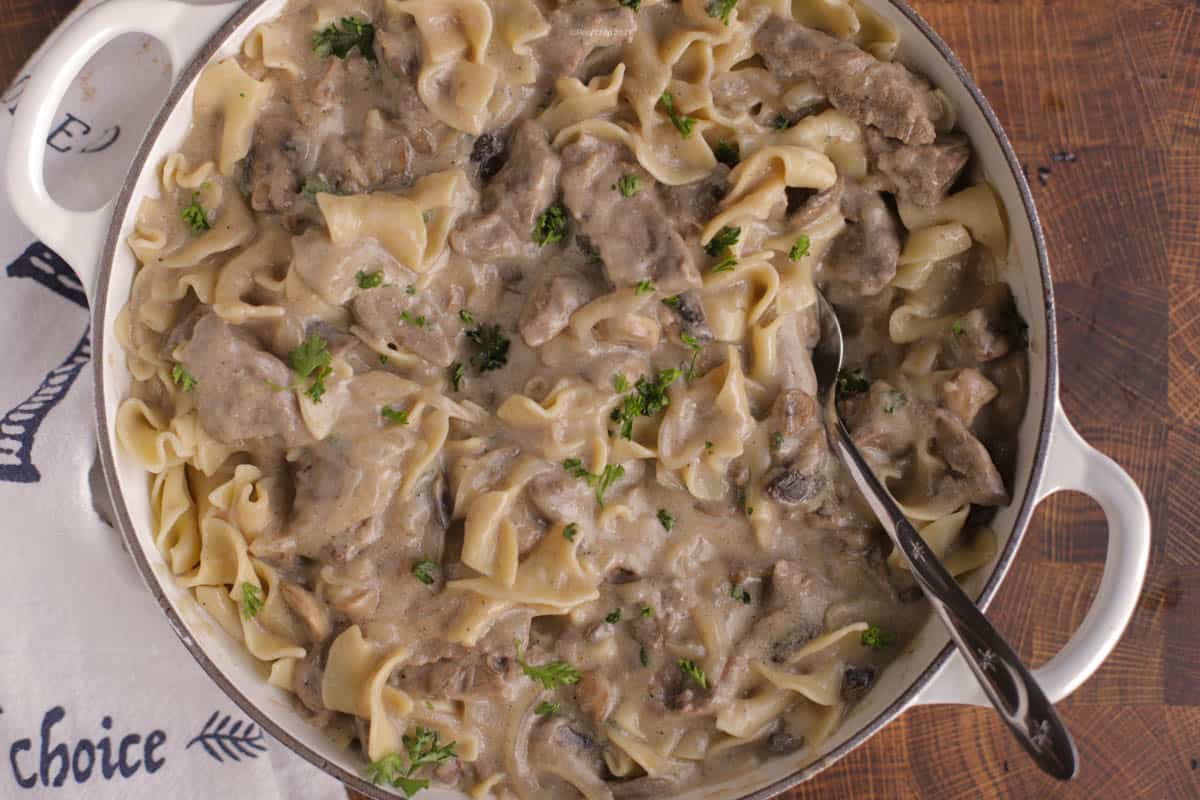 Homemade beef stroganoff in a skillet