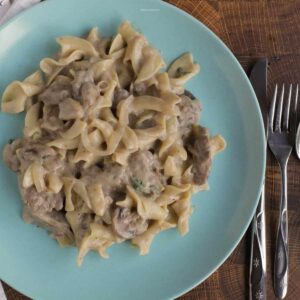 Homemade beef stroganoff on a blue dinner plate.