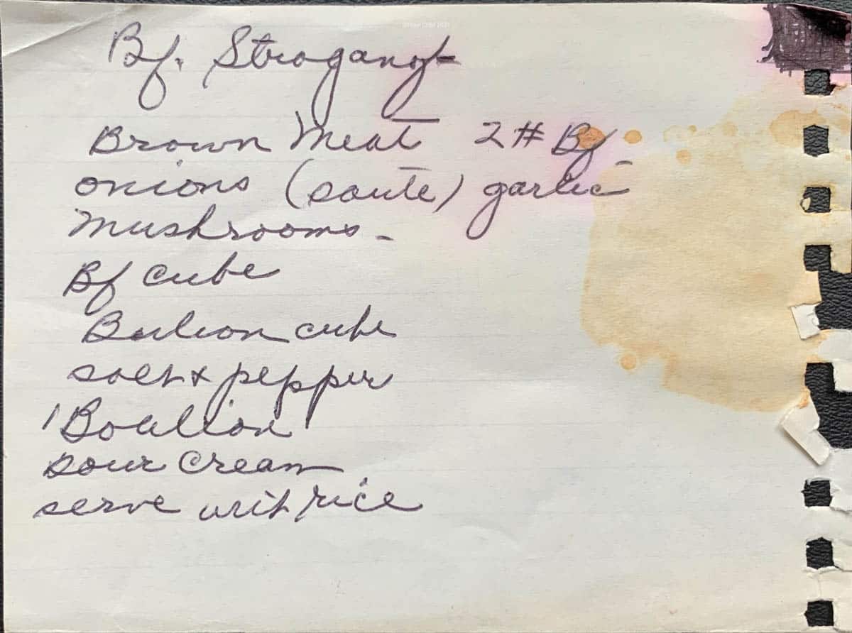 Beef stroganoff mid century handwritten recipe