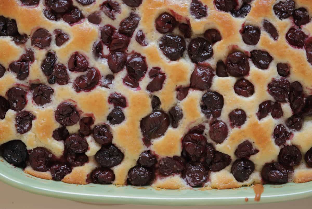 Close up view of cherry cobbler just out of the oven