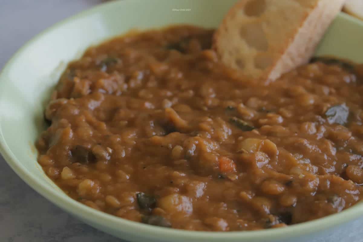 Close up of lentil soup in a bowl