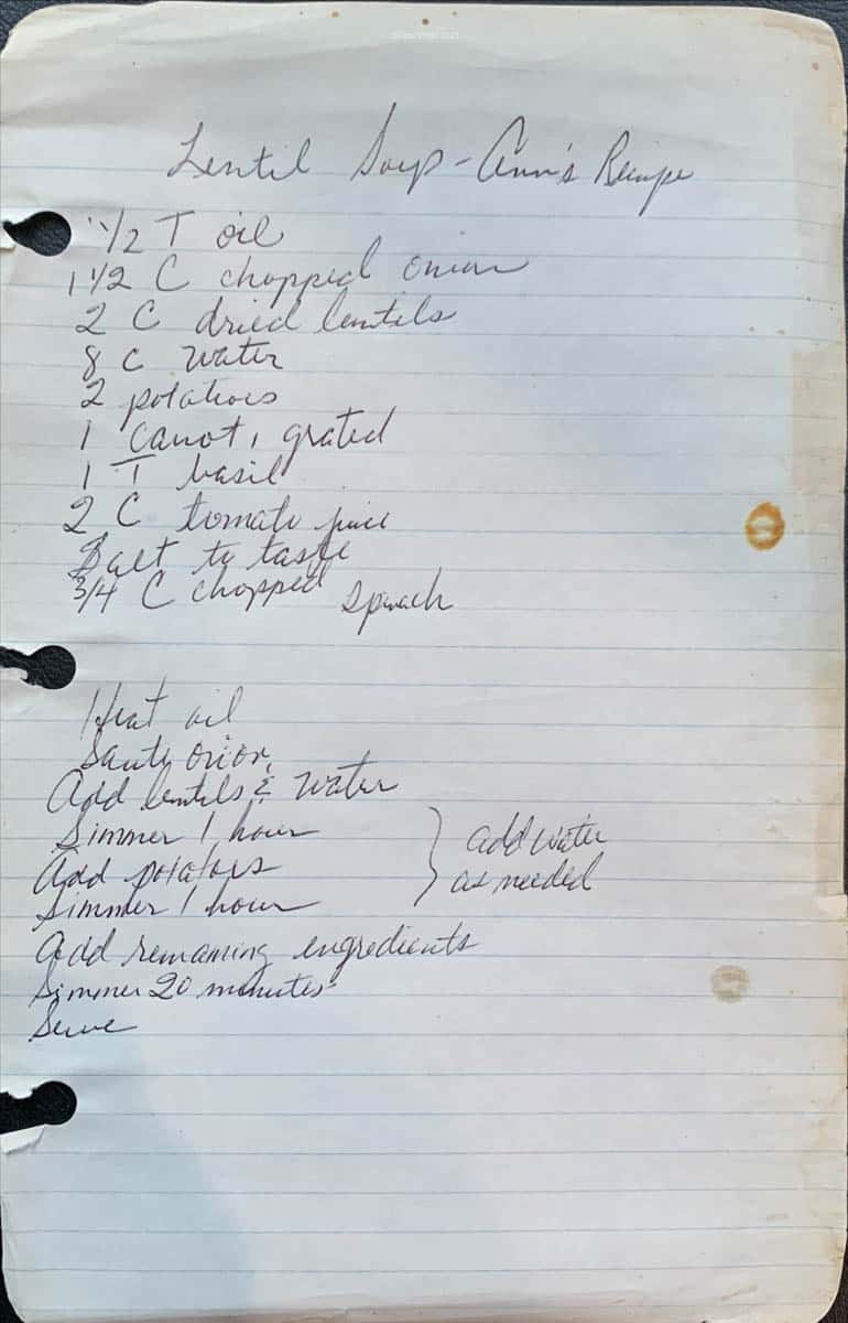 handwritten vintage lentil soup recipe