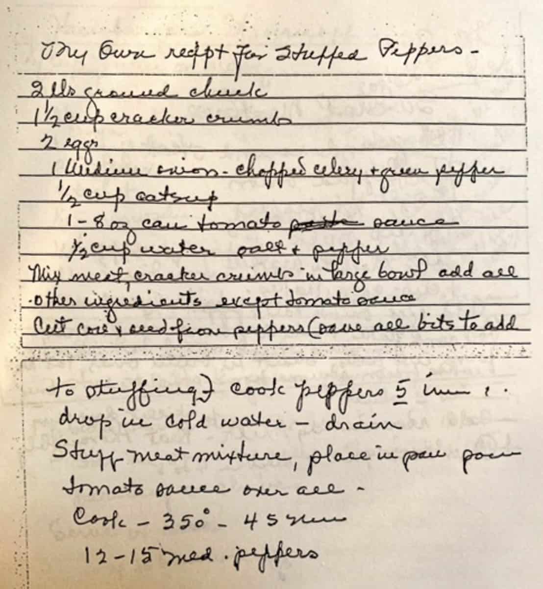 Original handwritten recipe for stuffed peppers