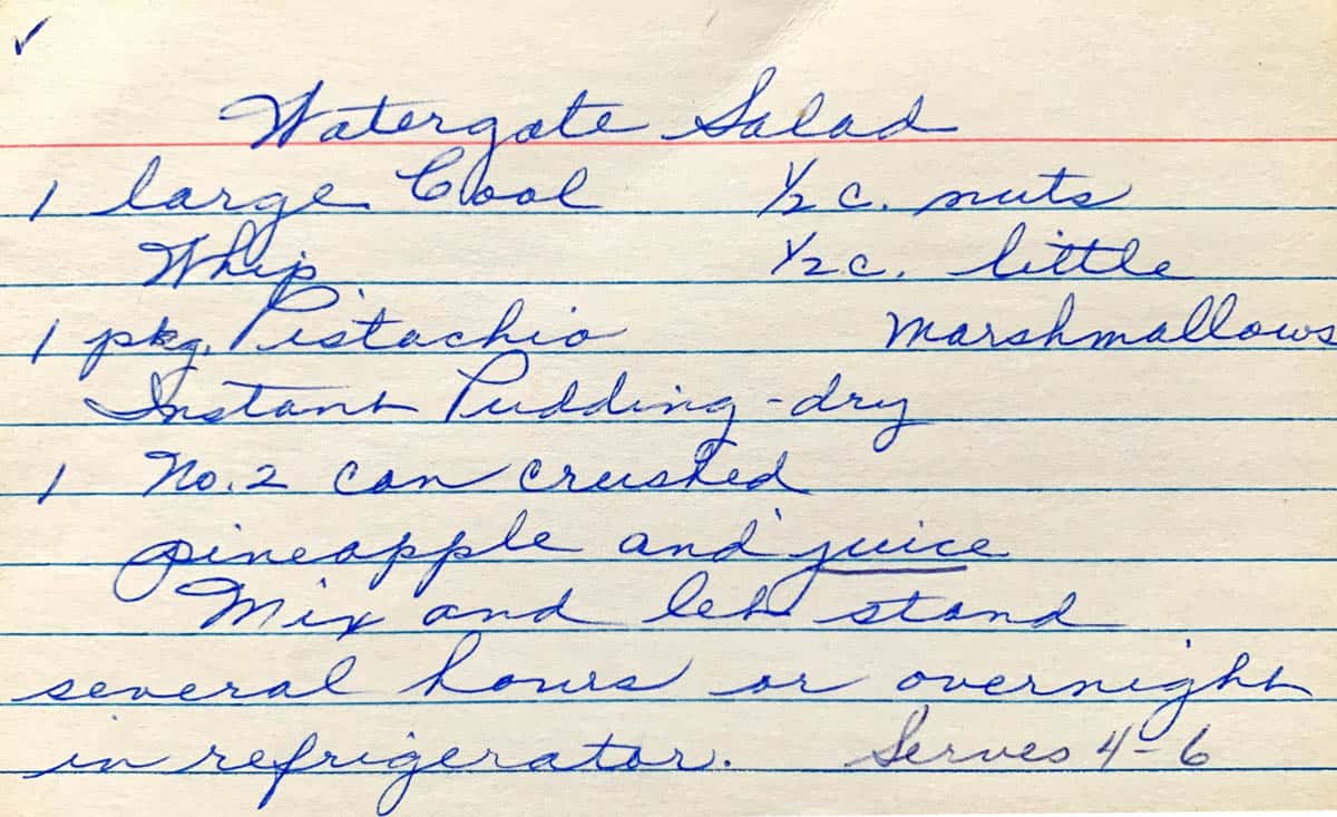 Original hand written recipe for Watergate salad 