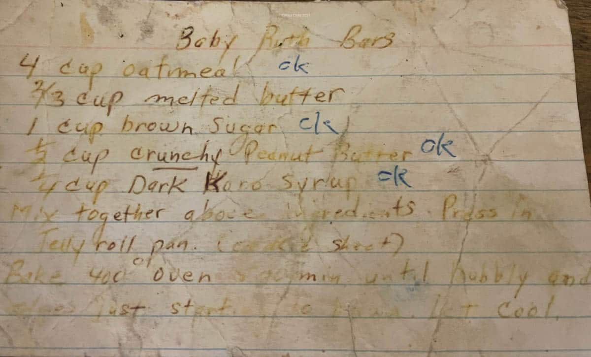 Original handwritten recipe for peanut butter squares