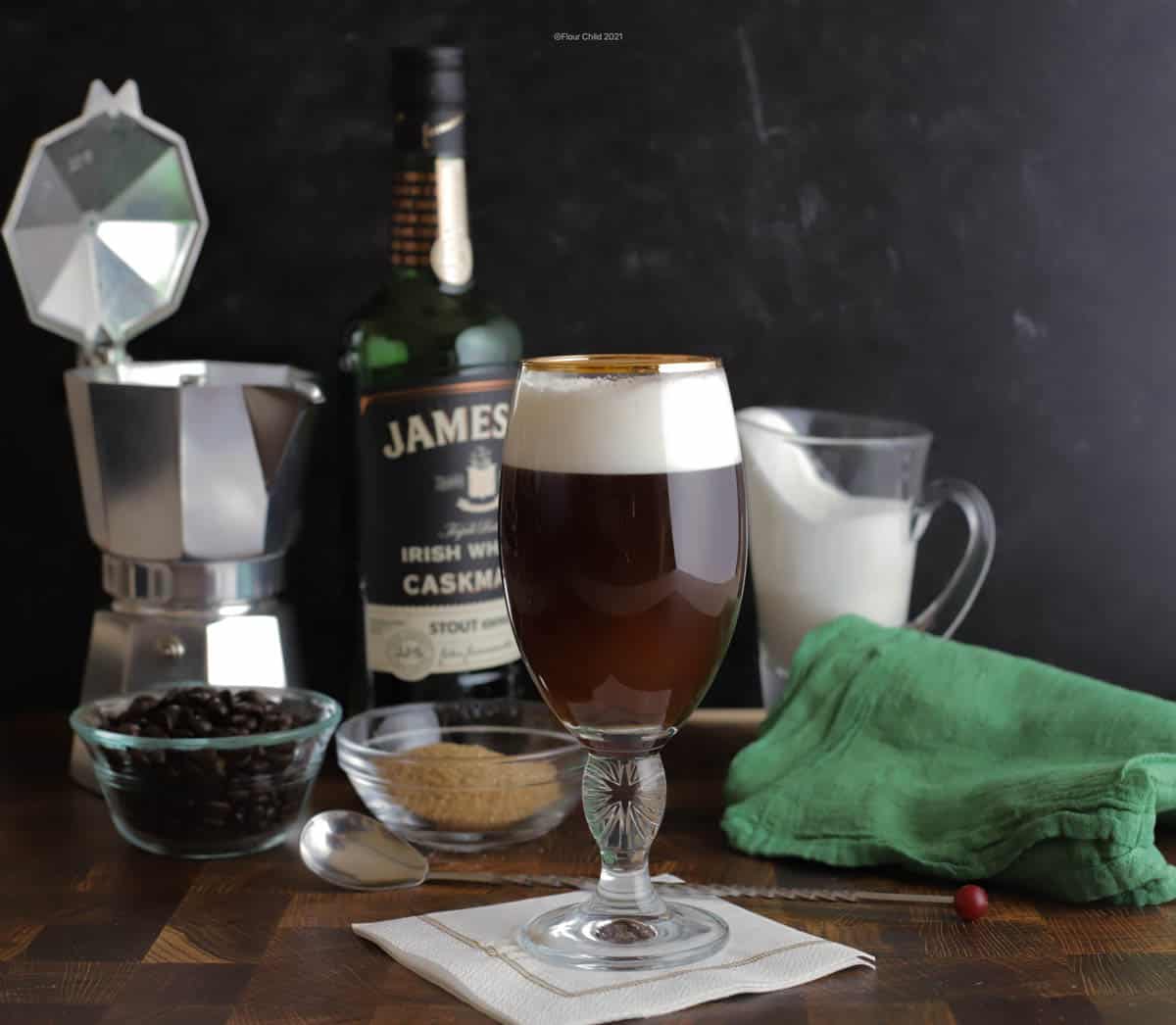 A hot coffee glass with Irish Whisky and cream