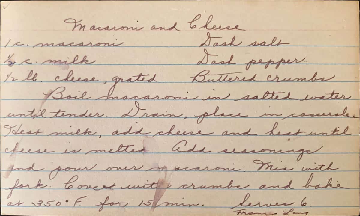 Original handwritten mid century recipe for macaroni and cheese