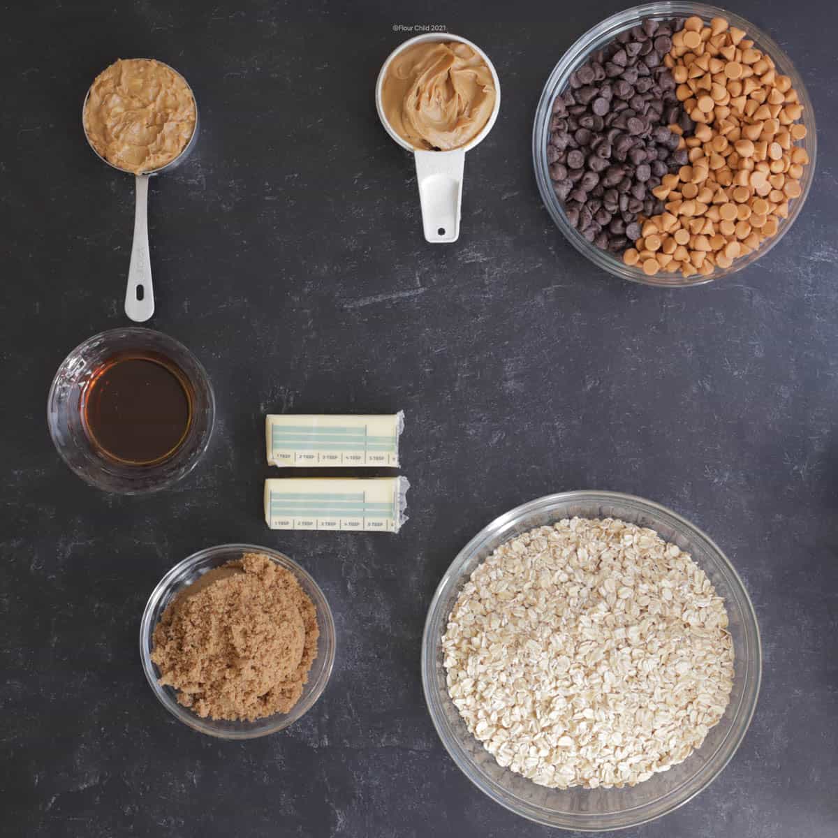 Ingredients for peanut butter oatmeal bars