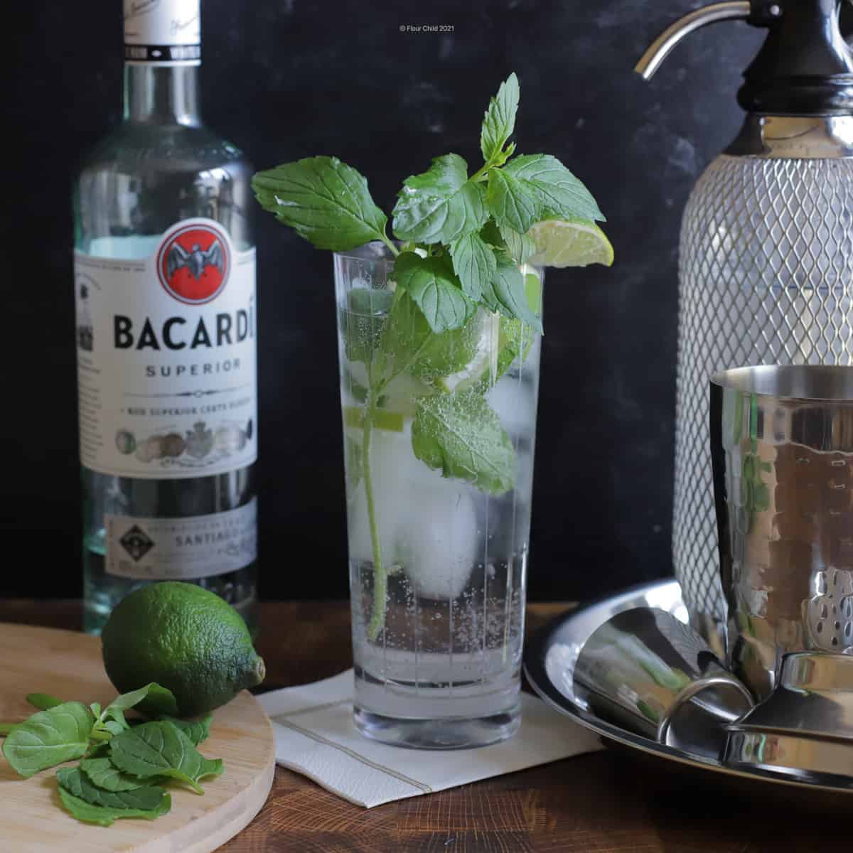 Mojito cocktail in a highball glass chunks of lime and mint leaves