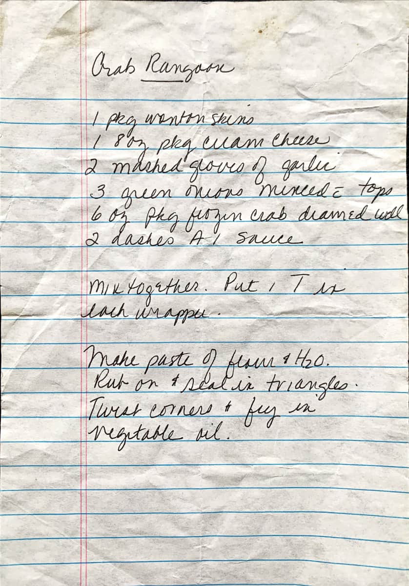 Handwritten recipe for crab rangoon