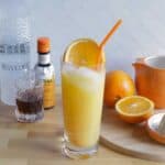 Screw driver cocktail in a tall glass with orange slice and orange straw.