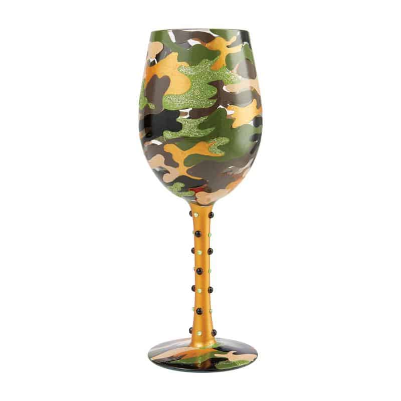 Hand painted black, green and gold camouflage white wine glass