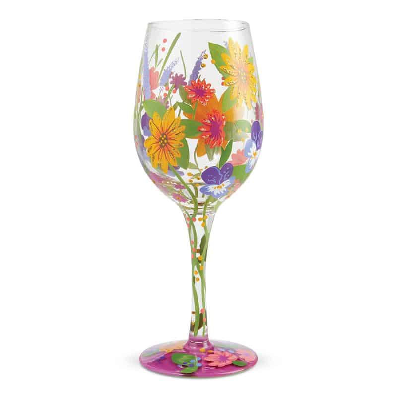 Handpainted multi colored floral white wine glass