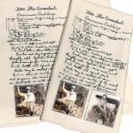 Two recipe towels side by side with a handwritten recipe and two photos on each