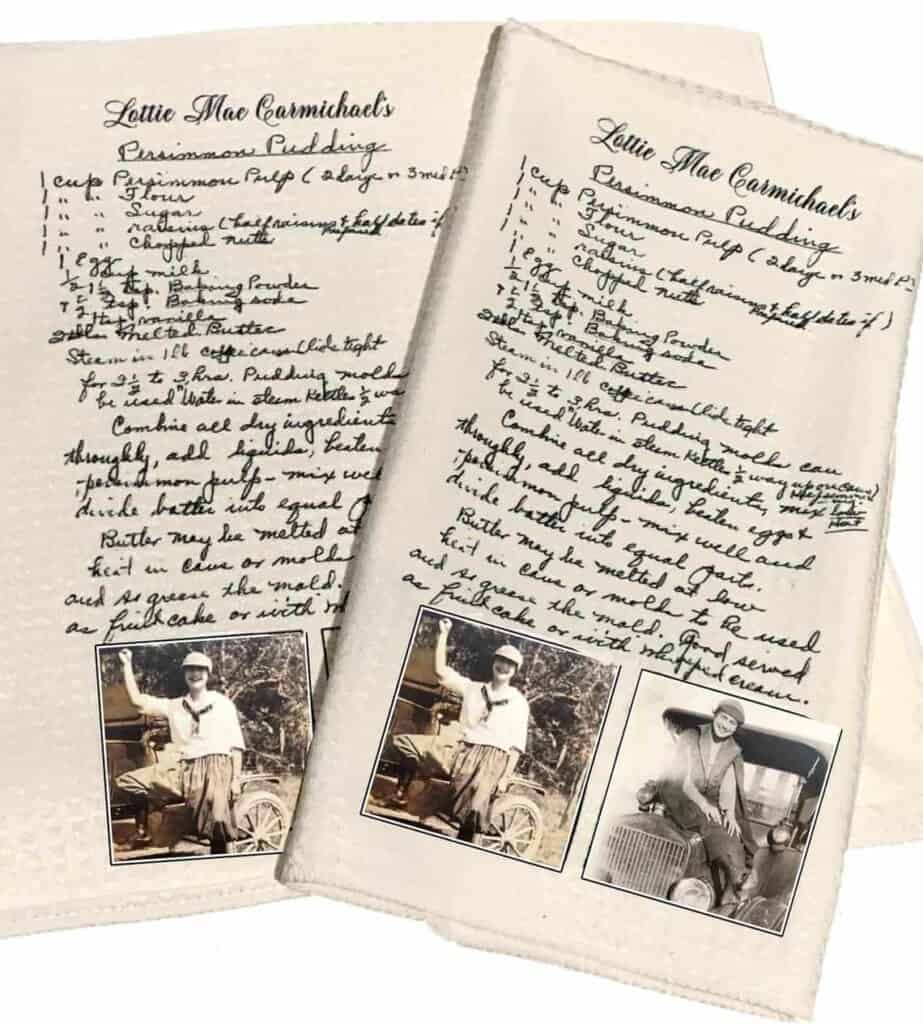 Two recipe towels side by side with a handwritten recipe and two photos on each