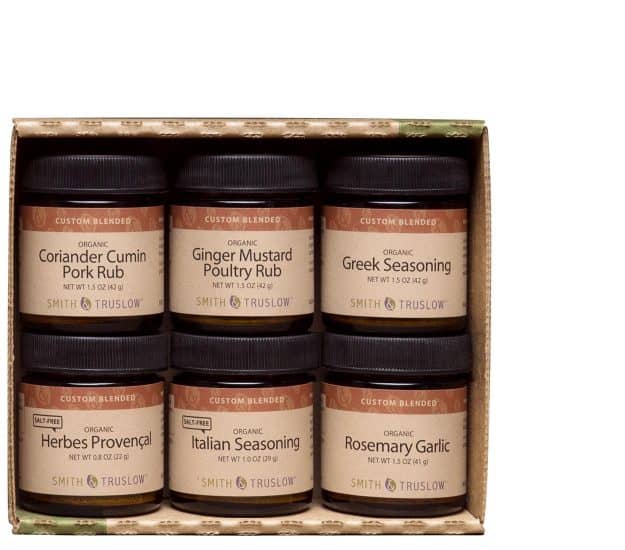 Six spice jars shown packaged in a gift box