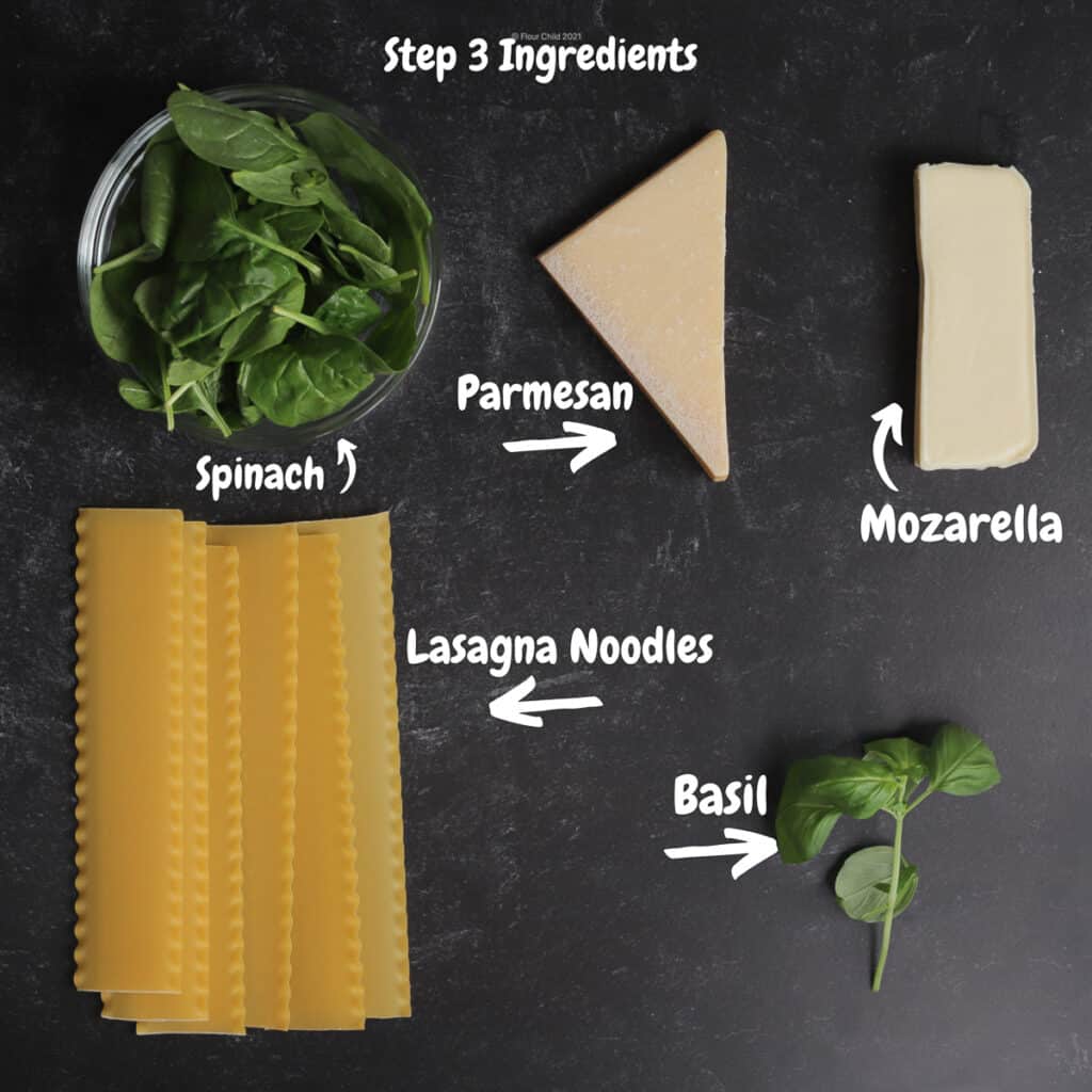 lasagna noodles, spinach, parmesan cheese, mozzarella cheese, and fresh basil