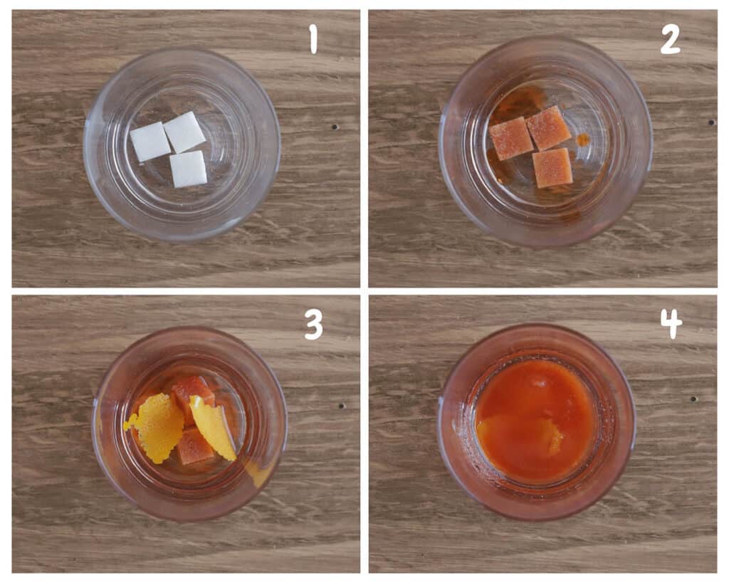Four process pictures of a glass with sugar and bitters