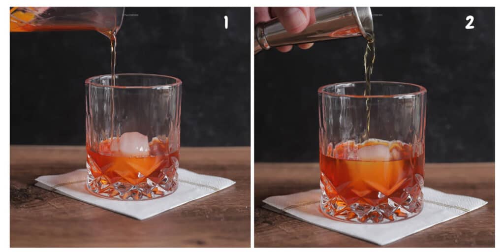 Two photos of an old fashioned cocktail being made by pouring ingredients